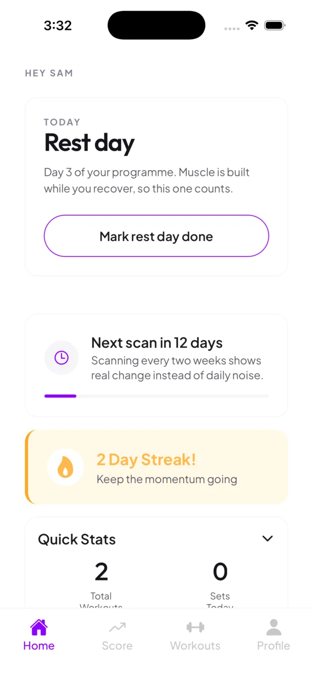 GluteMaxxing home screen showing next scan and workout