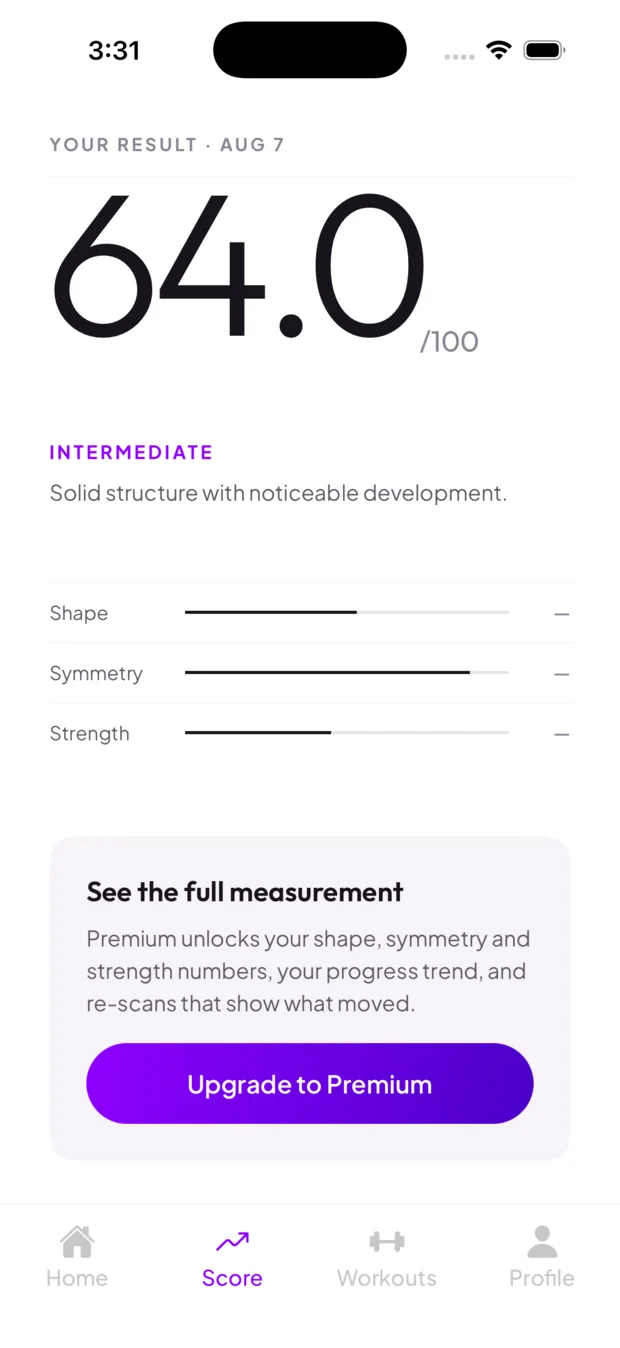 GluteMaxxing 0–100 progress score screen